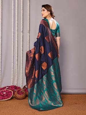 Navy blue silk blend banarasi saree with blouse 3