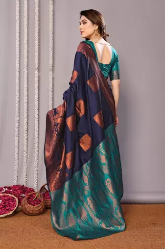 Navy blue silk blend banarasi saree with blouse