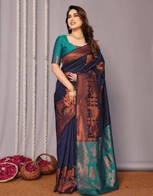 Navy blue silk blend banarasi saree with blouse 4