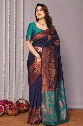 Navy blue silk blend banarasi saree with blouse