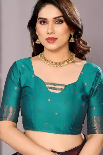 Navy blue silk blend banarasi saree with blouse