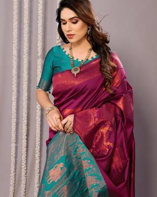 Purple silk blend banarasi saree with blouse 2