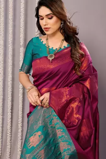 Purple silk blend banarasi saree with blouse