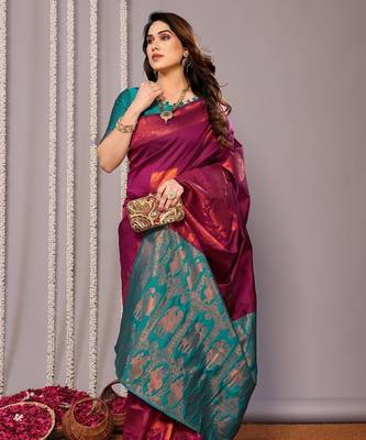 Purple silk blend banarasi saree with blouse 3