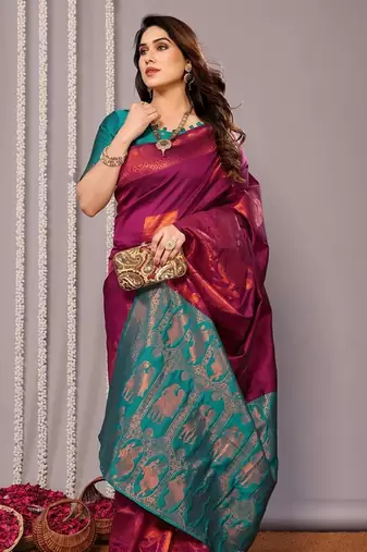 Purple silk blend banarasi saree with blouse