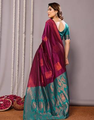 Purple silk blend banarasi saree with blouse 4