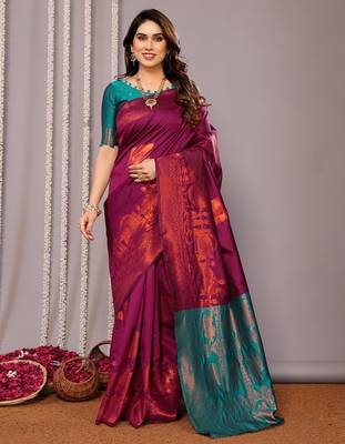 Purple silk blend banarasi saree with blouse 1