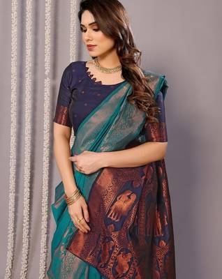 Turquoise silk blend banarasi saree with blouse 1