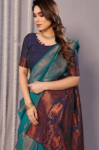 Turquoise soft silk banarasi saree with blouse
