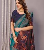 Turquoise soft silk banarasi saree with blouse