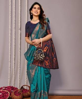 Turquoise silk blend banarasi saree with blouse 2