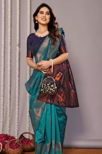 Turquoise silk blend banarasi saree with blouse