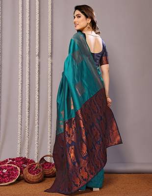 Turquoise silk blend banarasi saree with blouse 3