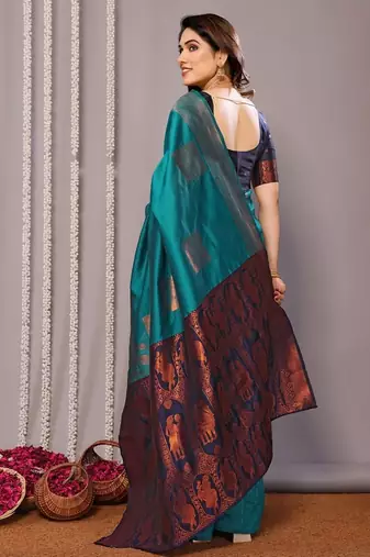 Turquoise silk blend banarasi saree with blouse