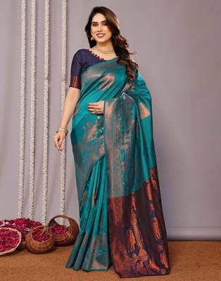 Turquoise silk blend banarasi saree with blouse 4