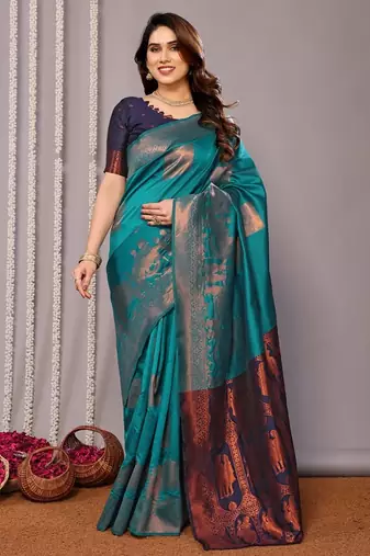 Turquoise silk blend banarasi saree with blouse