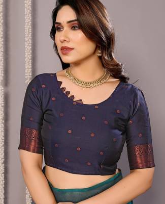 Turquoise silk blend banarasi saree with blouse 5
