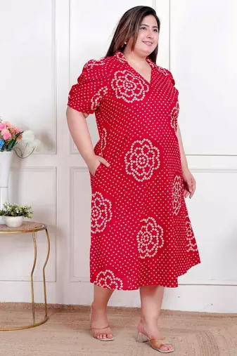 Doriyaan plus size womens red bandhani printed collar neck  maxi dress