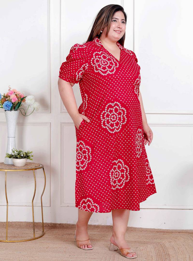 Doriyaan plus size womens red bandhani printed collar neck  maxi dress