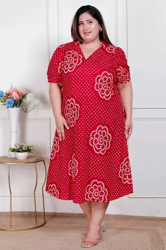 Doriyaan plus size womens red bandhani printed collar neck  maxi dress