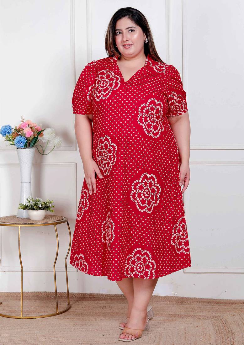 Doriyaan plus size womens red bandhani printed collar neck  maxi dress