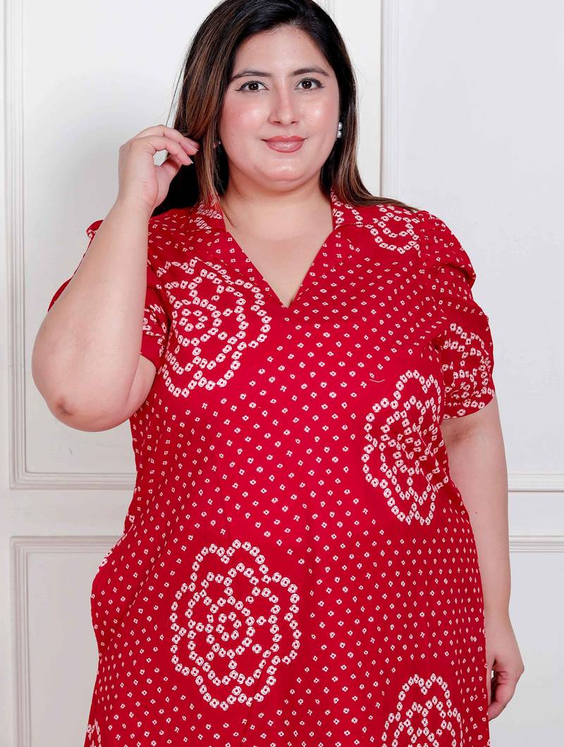 Doriyaan plus size womens red bandhani printed collar neck  maxi dress
