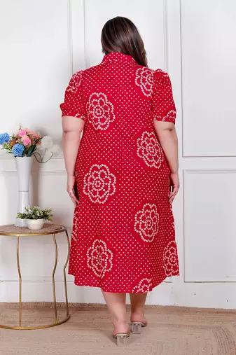 Doriyaan plus size womens red bandhani printed collar neck  maxi dress