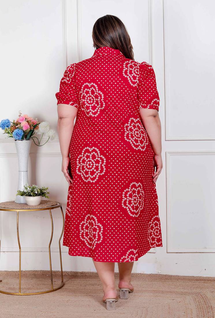 Doriyaan plus size womens red bandhani printed collar neck  maxi dress