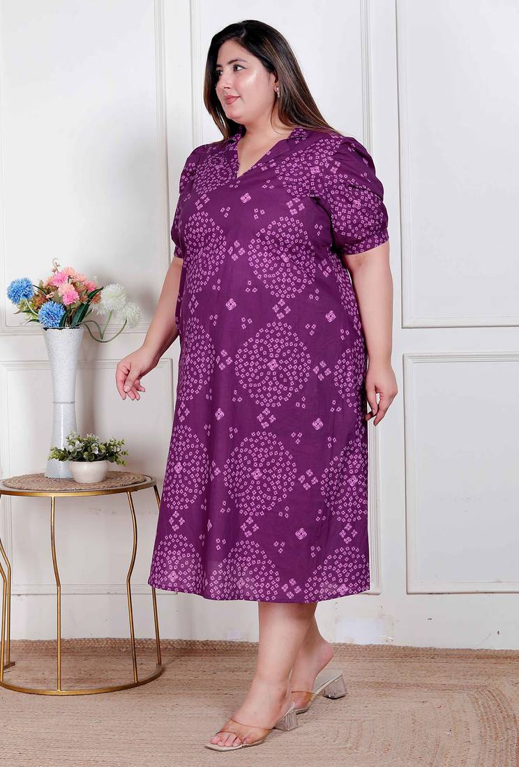 Doriyaan plus size womens purple bandhni printed a-line maxi dress