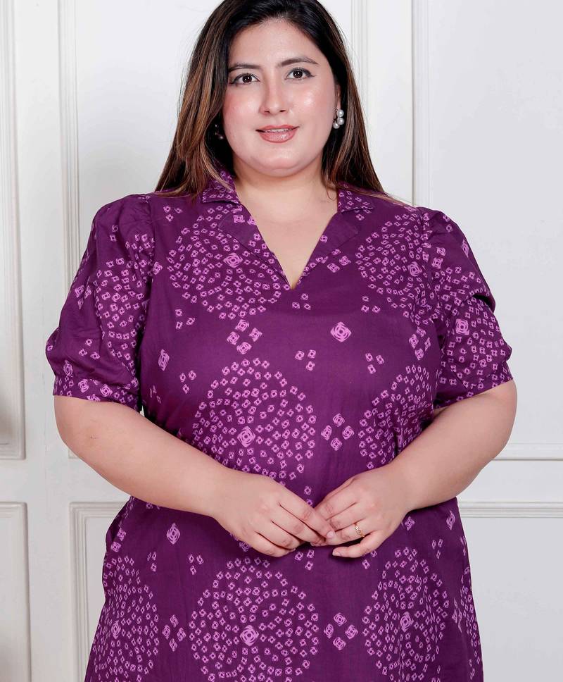 Doriyaan plus size womens purple bandhni printed a-line maxi dress