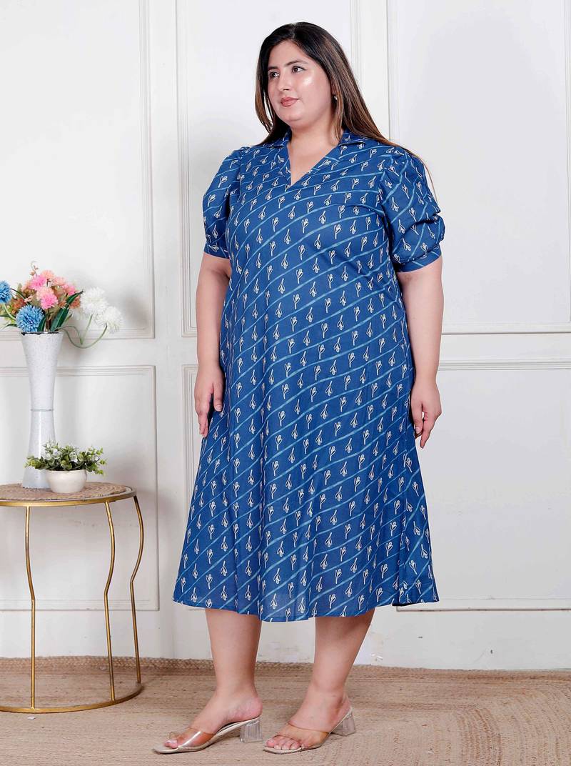 Doriyaan plus size womens floral print collar-neck puff sleeves a-line maxi dress