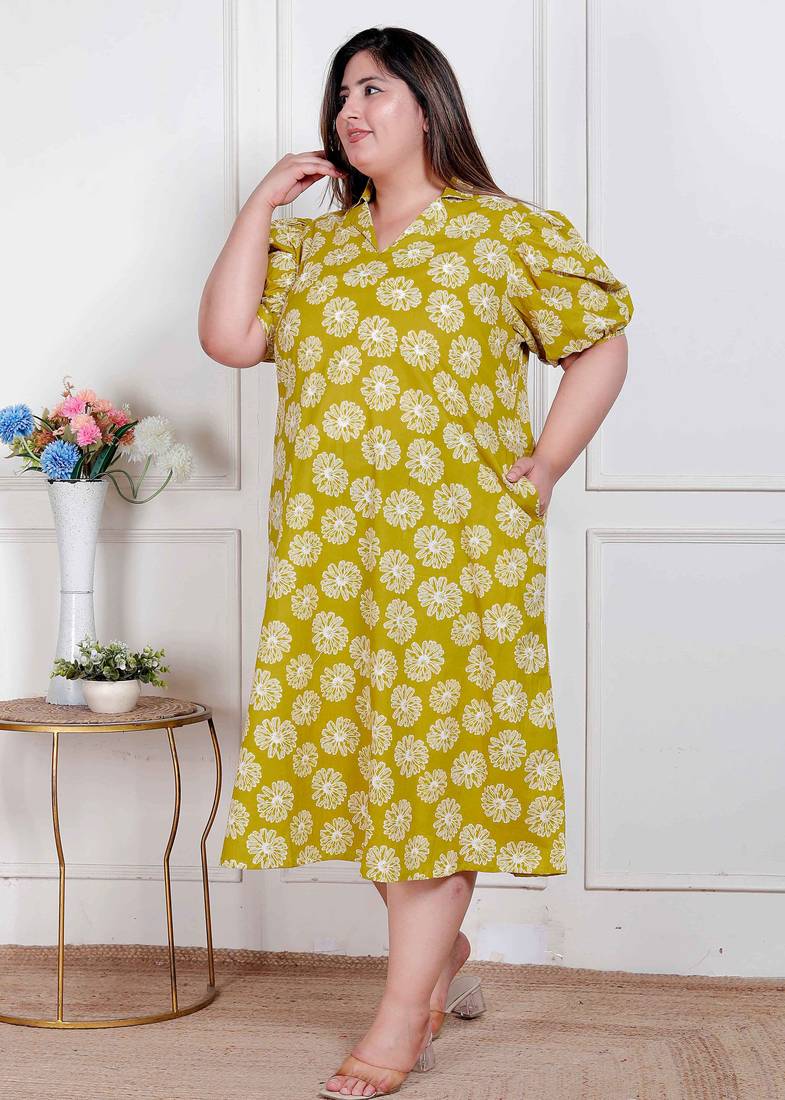Doriyaan plus size women's yellow printed puff sleeve floral  maxi party dress