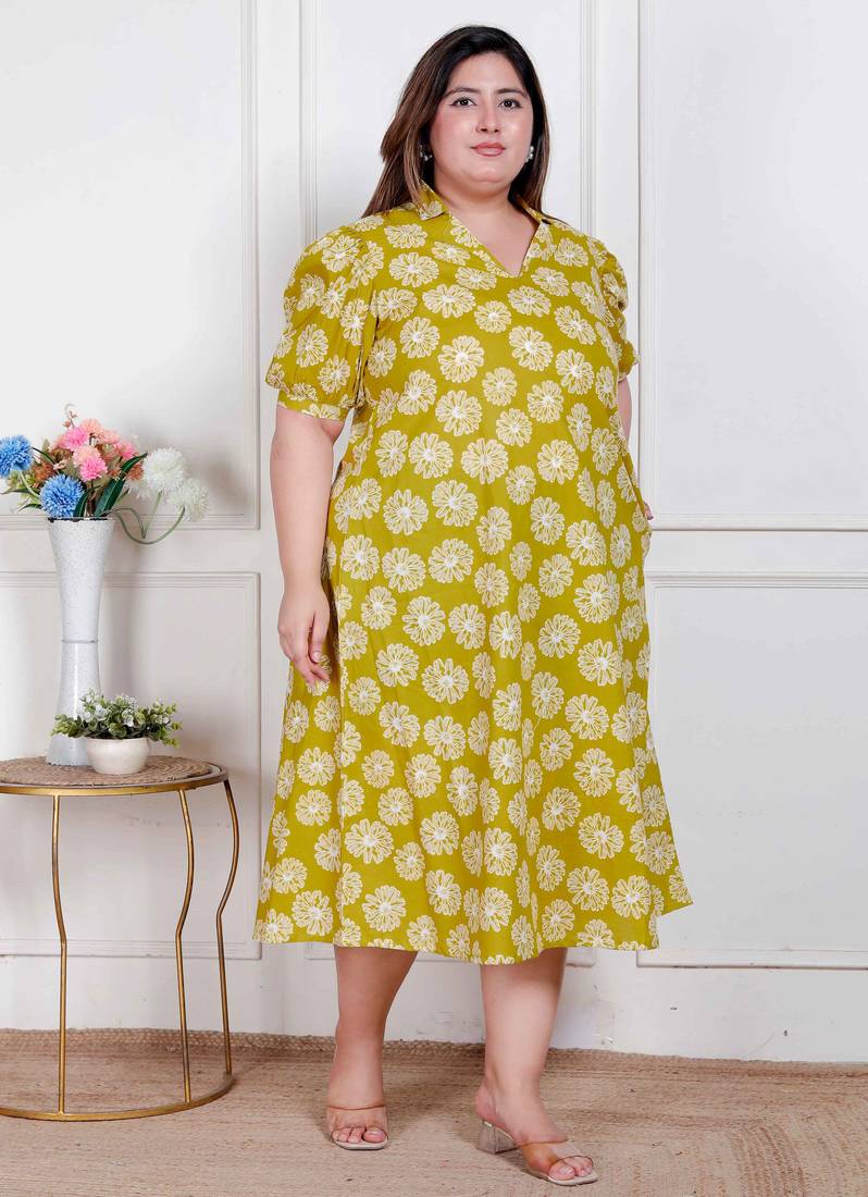 Doriyaan plus size women's yellow printed puff sleeve floral  maxi party dress