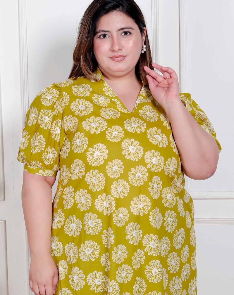 Doriyaan plus size women's yellow printed puff sleeve floral  maxi party dress