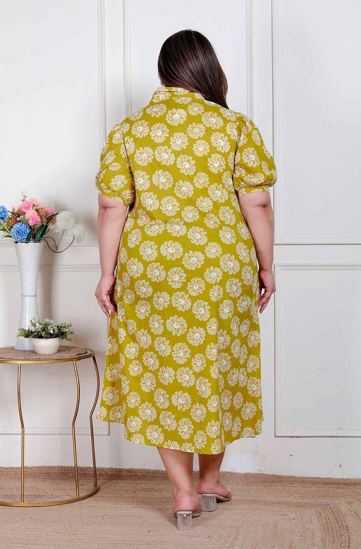 Doriyaan plus size women's yellow printed puff sleeve floral  maxi party dress