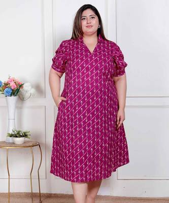 plus size womens magenta floral printed cotton dress with one side pocket 1