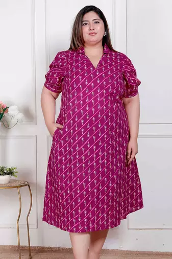 Doriyaan plus size womens magenta floral printed cotton dress with one side pocket