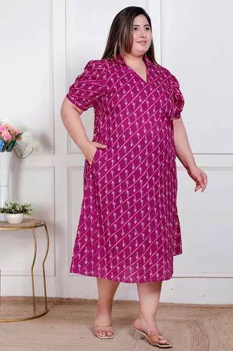 Doriyaan plus size womens magenta floral printed cotton dress with one side pocket