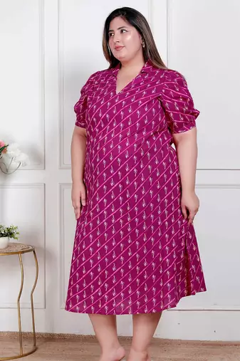 Doriyaan plus size womens magenta floral printed cotton dress with one side pocket