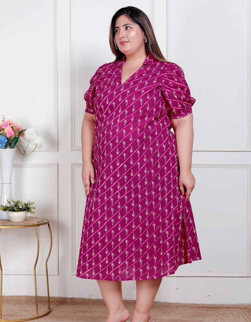 Doriyaan plus size womens magenta floral printed cotton dress with one side pocket