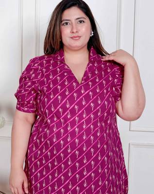 plus size womens magenta floral printed cotton dress with one side pocket 4