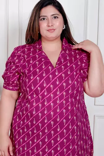 Doriyaan plus size womens magenta floral printed cotton dress with one side pocket