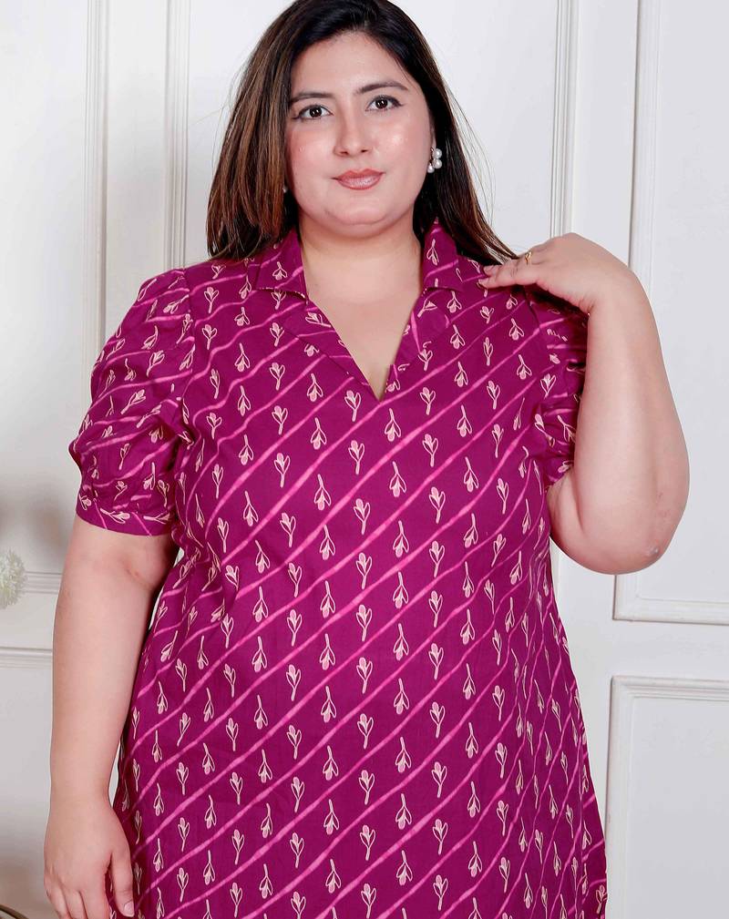 Doriyaan plus size womens magenta floral printed cotton dress with one side pocket