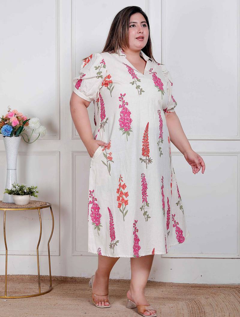 Doriyaan plus size womens off white flower printed cotton flex maxi dress