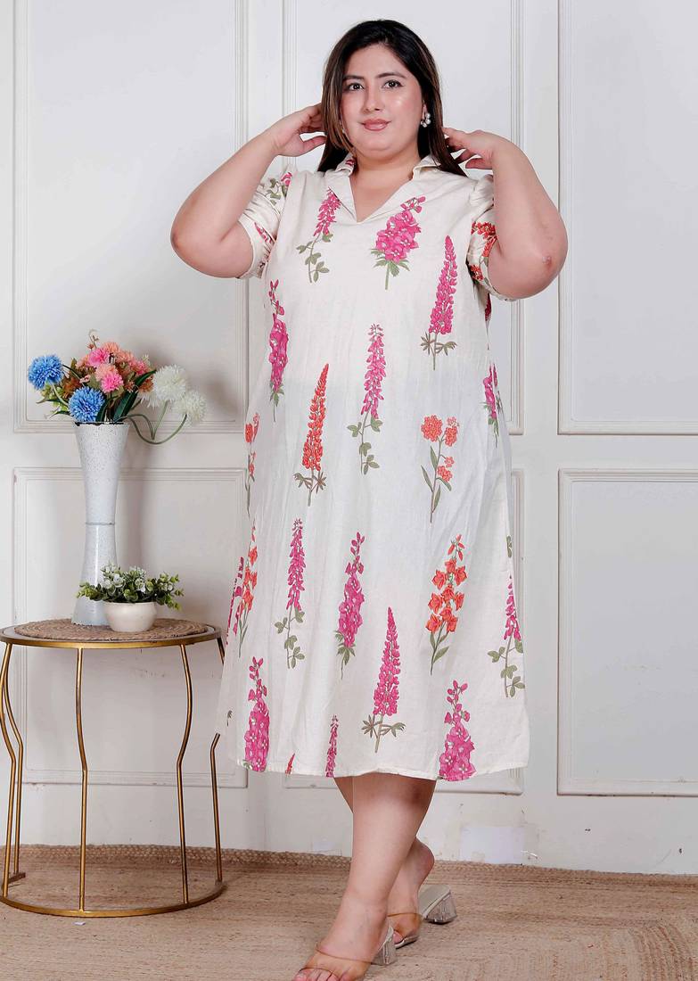 Doriyaan plus size womens off white flower printed cotton flex maxi dress