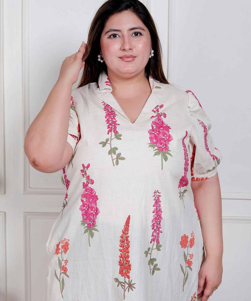 Doriyaan plus size womens off white flower printed cotton flex maxi dress