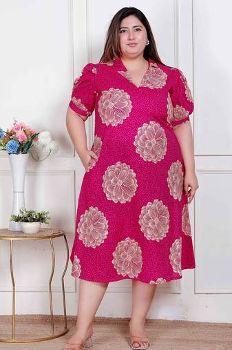 Doriyaan plus size womens pink printed collar neck short puff sleeves cotton a-line maxi dress