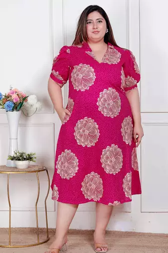 Doriyaan plus size womens pink printed collar neck short puff sleeves cotton a-line maxi dress