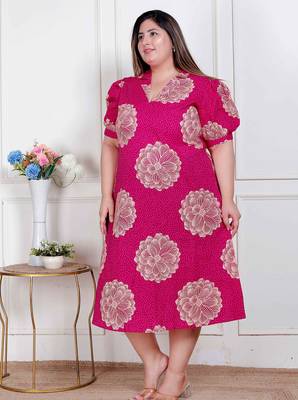 Doriyaan plus size womens pink printed collar neck short puff sleeves cotton a-line maxi dress 3