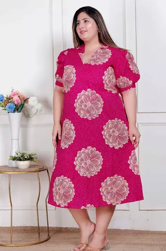 Doriyaan plus size womens pink printed collar neck short puff sleeves cotton a-line maxi dress